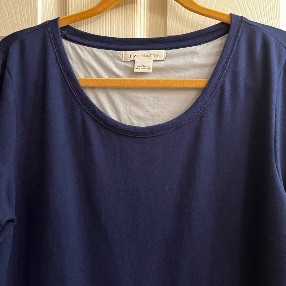 Liz Claiborne~Navy ~Blue Long Sleeve Top with  light blue Layer~Lg - Picture 7 of 9